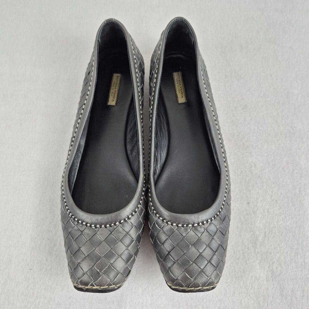Bottega Veneta 37.5 Woven Napa Leather Flat Slip Ons Grey Ballet Old Money